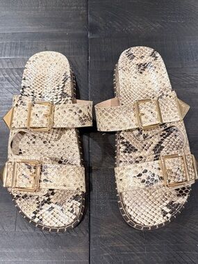 SCHUTZ Snake-Print Double Buckle Slide Sandals in Cream and Black Size 10